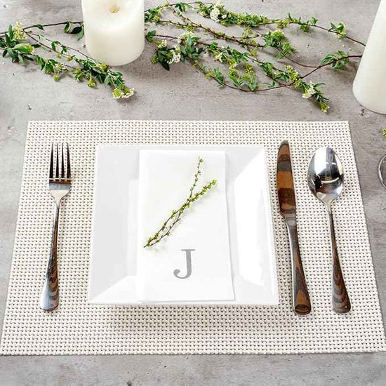 Luxenap 15.8 X 7.9 Inch Linen-Feel Guest Towels, 50 Lettered Hand Towels - Silver Letter 'J', Sans Serif Font, White Paper Dinner Napkins, airlaid, For Restrooms And Tables - Restaurantware