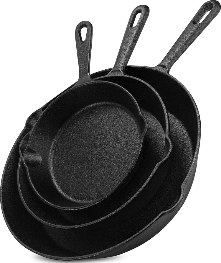 Utopia Kitchen Cast iron Skillets 3 Piece Set, Chefs Pan, Pre Seasoned Cast iron Skillets, 6, 8 & 10 Inches, Easy Use in the Oven, Stove, Grill, or Campfire, Black - Nestoria