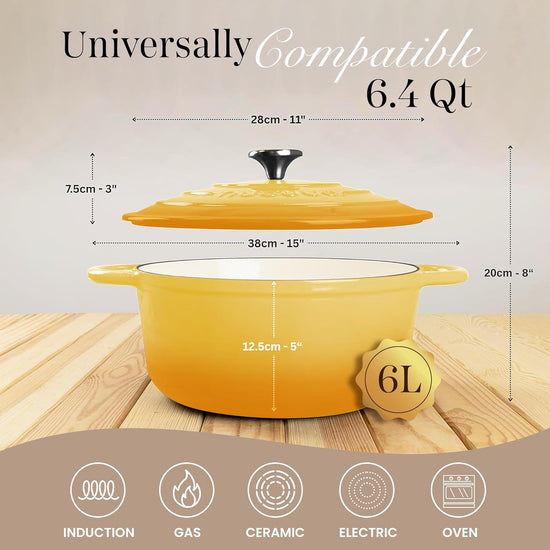 Nuovva Enamelled Cast Iron Dutch Oven Pot with Lid 6.4 Quart Non Stick Casserole Pot – Heavy Duty & Oven Safe up to 500° F for Bread Baking, Braising, Stews, Roasting – 28cm Yellow - Nestoria