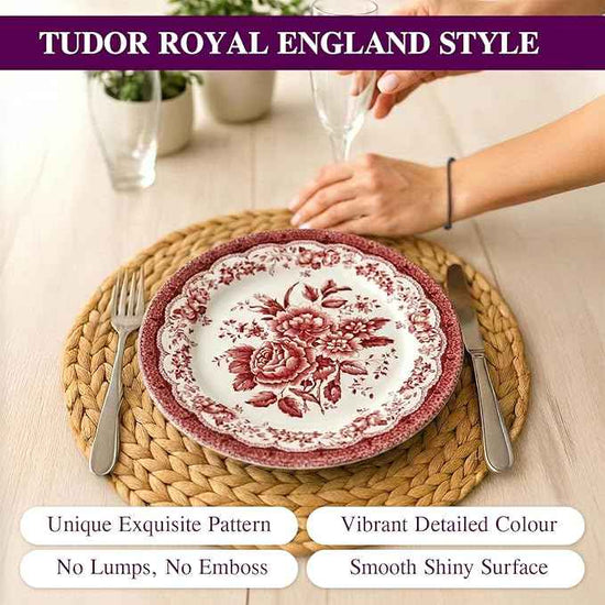 Tudor Royal 12-Piece Round Porcelain Dinnerware Set, Service for 4 - Victoria RED Design, Red Floral, Plates Bowls Dishes, Premium Quality Tableware, Unique Pattern, Glossy
