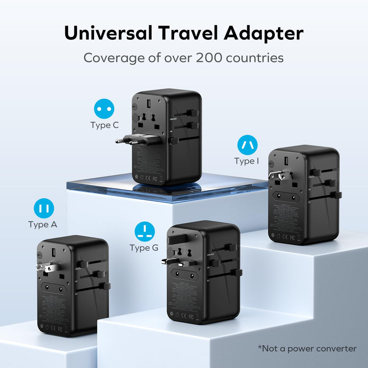 5-in-1 Universal Travel Adapter, GaN 140W International Power Adapter, 3 USB-C PD Fast Charging & 1 USB-A QC, 1 AC, All-in-one International Plug Adapter for Travel European UK AUS JP