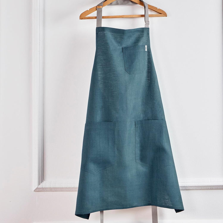 Solino Home Linen Kitchen Apron for Men & Women - Peacock Blue/Soft Grey Bib Apron with Front Pockets - Handcrafted from European Flax