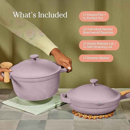 Our Place Cookware Duo | 7-Piece Ceramic Cookware Set with 10.5" Always Pan 2.0, 5.5 Qt Perfect Pot & Strainer Basket | Induction & Oven Safe up to 450°F | Nonstick, Non-Toxic Cookware | Spice