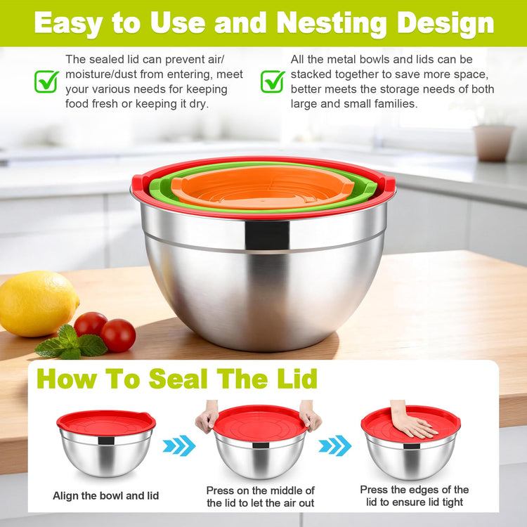 Mixing Bowls Stainless Steel Nesting Salad Bowls & Airtight Lids (3 Count)