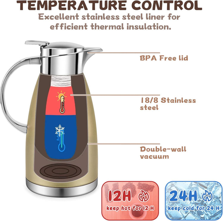 61oz Coffee Carafe Airpot Insulated Coffee Urn Stainless Steel Vacuum Thermal Pot Flask Dispenser for Coffee, Hot Water, Tea, Hot Beverage - Keep 12 Hours Hot, 24 Hours Cold (Gold)