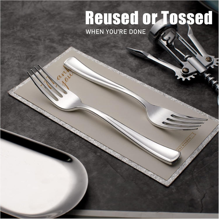 WDF 100 Piece Silver Plastic Forks - 7.4inch Silver Forks Disposable - Plastic Silverware for Dessert Cake - Heavy Duty Plastic Cutlery for Party or Daily Using