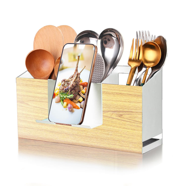 Utensil Holder Large Iron Flatware Container with 3 Compartments Countertop Wall