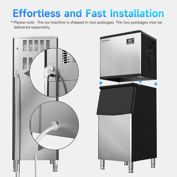 Commercial Ice Maker Machine, 360 lbs /24 h, 200 lbs Storage Bin, Industrial Ice Machine, Blue Light, Stainless Steel, Perfect for Bar/Home/Business
