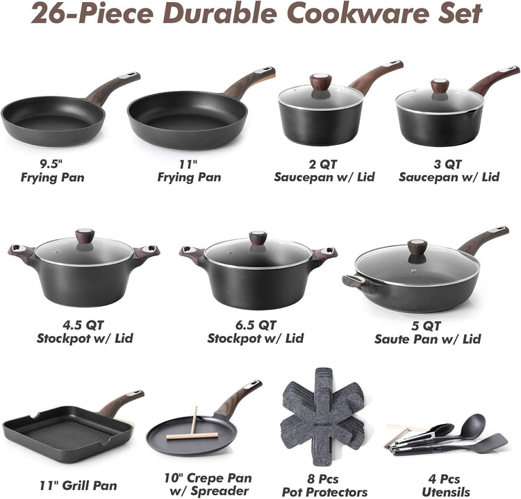 SENSARTE Pots and Pans Set Non stick, Non toxic Healthy Induction Cookware Sets, 26 Pcs Nonstick Kitchen Cooking Set, w/Frying Pans Set, Saucepans Set, Stockpots Set, PFOA PFOS Free, Black