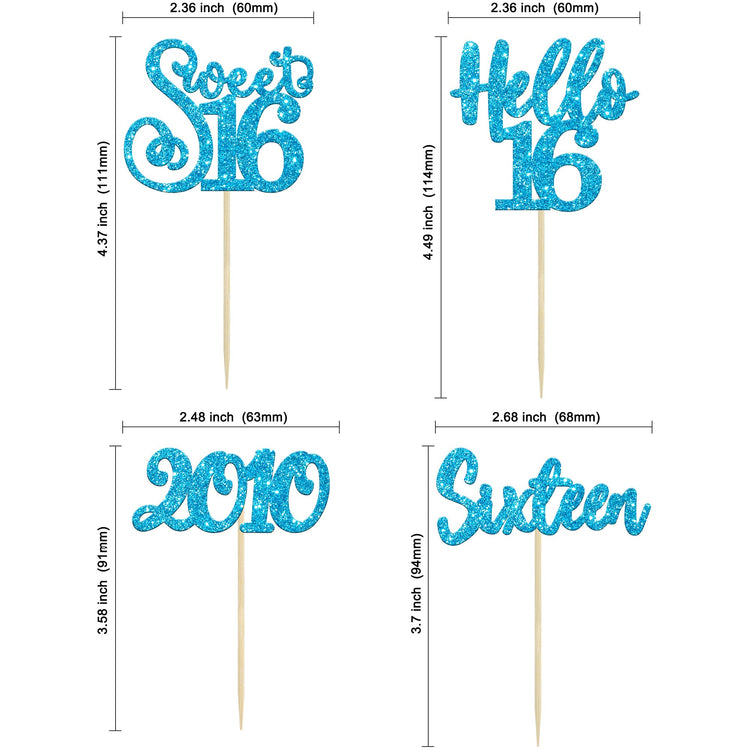 24Pcs Happy 16th Birthday Cupcake Toppers Glitter Hello 16 Sweet 16 Cupcake Picks Sixteen Years Old Birthday Cake Decorations for Celebrating 16th Anniversary Party Supplies Blue (24 Count)