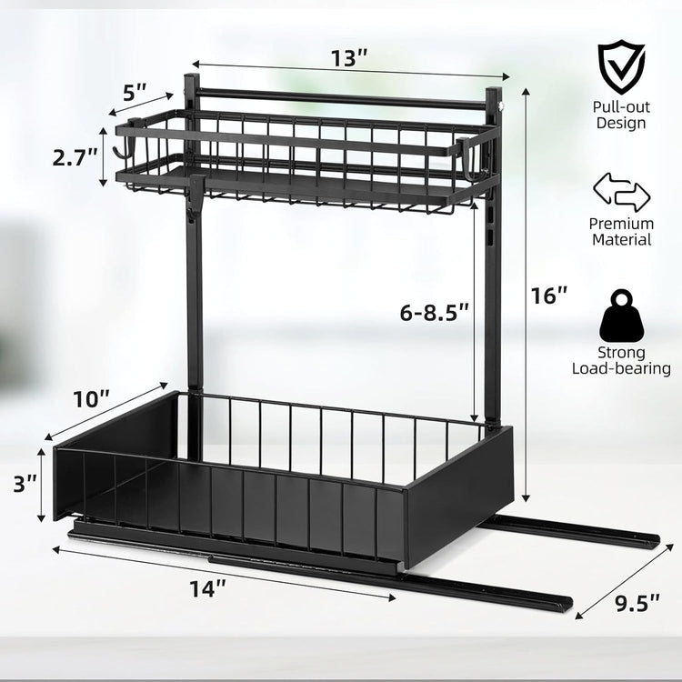 Under Sink Organizer and Storage Shelves With Sliding Drawe, 2 Tier Pull Out Sink Organizers And Storage, Metal Sliding Drawer for Kitchen Bathroom Pantry Cabinet Closet Organization Rack, Black