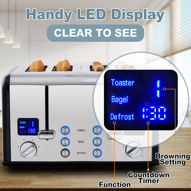 4 Slice Stainless Steel Toaster with Digital Display