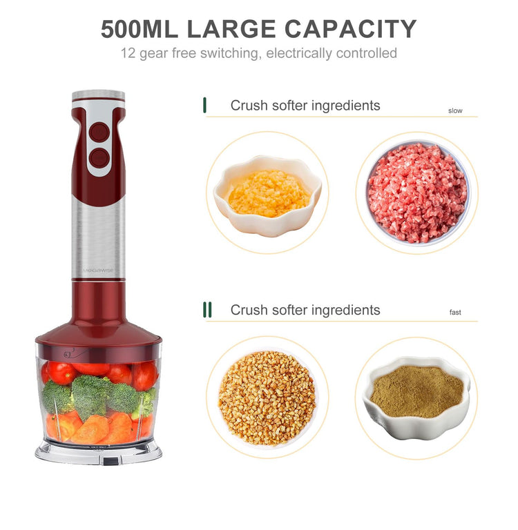 5-in-1 Immersion Hand Blender Set with Variable Speed, 400W, Stainless Steel - Includes Chopper, Whisk, Milk Frother, and Beaker - Ideal for Soups, Smoothies, Baby Food & More (RED)