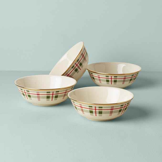 Lenox 894965 Holiday Plaid All-Purpose Bowls, Set of 4, 20 oz, Christmas Dinnerware