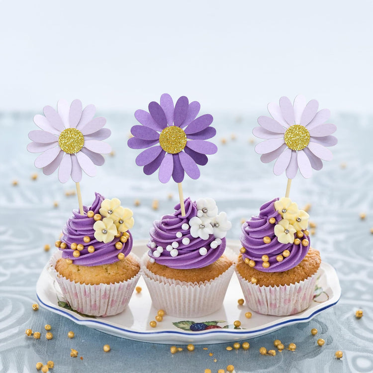 24Pcs Purple Daisy Cupcake Toppers Flower Cake Toppers Daisy Cake Decorations Chrysanthemum Cupcake Toppers Spring Daisy Flower Cake Picks for Birthday Wedding Supplies (24 Count)