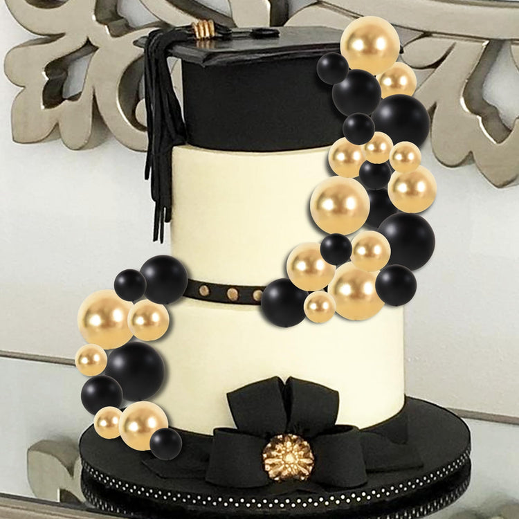 40 Pcs Ball Cake Toppers Mini Balls Cake Decorations Black Gold Foam Balls Sticks DIY Cake Topper for Congrats Grade 2026 Graduation Men Birthday New Year Retirement Party Decorations (40 Count)