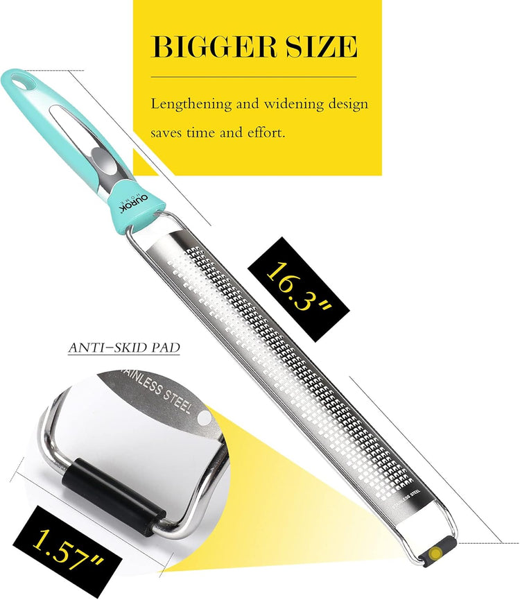 Ourokhome Kitchen Lemon Zester, Stainless Steel Hand Held Parmesan Cheese Grater for Ginger, Chocolate, Coconut, Lime, Nutmeg, Citrus, Fruit, Vegetable with Cleaning Brush, Dishwasher safe, Blue