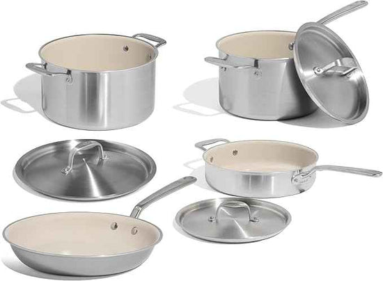 Made In Cookware | 7-Piece Ceramic Non Stick Pot and Pan Set (Stainless Handle) | 5-Ply Stainless Clad | Professional Cookware | Crafted in Italy | Induction Compatible