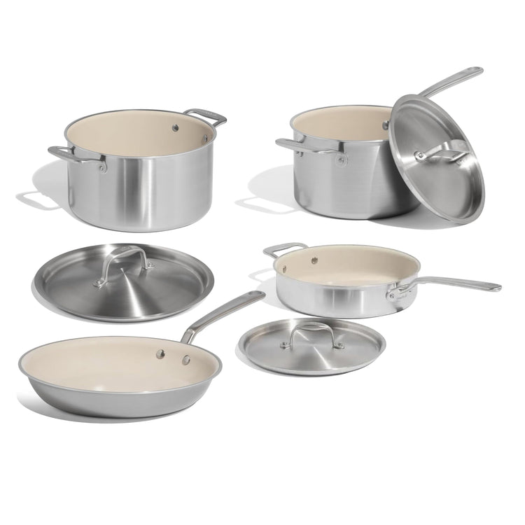Cookware - 7-Piece CeramiClad Non Stick Pot and Pan Set (Stainless Handle) - 5-Ply Stainless Clad - Professional Cookware - Crafted in Italy - Induction Compatible