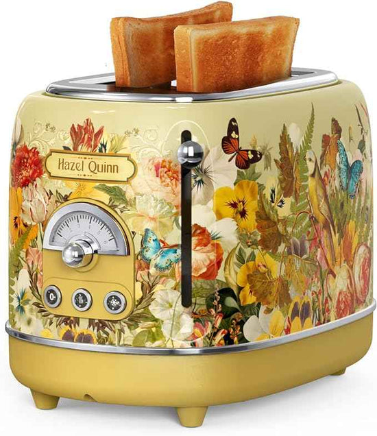 Hazel Quinn X Eduardo Recife Retro Breakfast Set, 2-Slice Toaster & Electric Kettle Bundle, 6 Browning Levels, Extra Wide Slots, 1200W Fast Boiling, 1.7L Stainless Steel - Floral Artistic Design