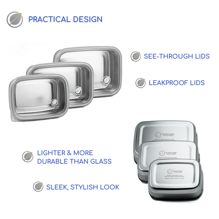 Stainless Steel Food Storage Containers with Clear Platinum Silicone Lids (3 Count)