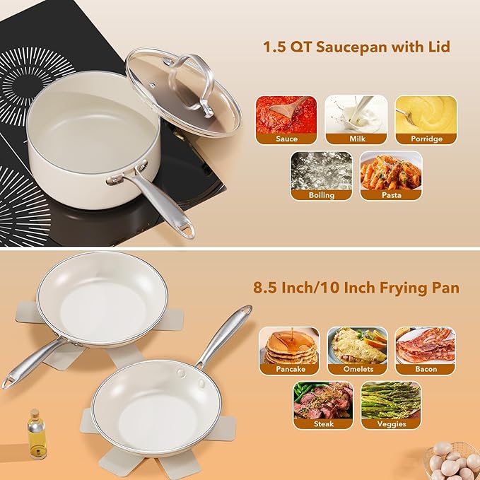 PekGema Ceramic Pots and Pans Set, 16 Pcs Cookware Set Non Toxic, Nonstick Kitchen Cookware, Oven Safe Cooking Pan Set, PFAS PTFE PFOA FREE,Compatible with All Cooktops, comfortable handle.Cream White