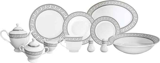 Dinnerware Set for 8-49 Piece Vintage Porcelain Dish Set - White and Silver Greek Key Design - Luxurious Tableware - For Everyday Use or Formal Occasions (Meander Silver 2049)