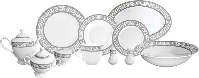 Dinnerware Set for 8-49 Piece Vintage Porcelain Dish Set - White and Silver Greek Key Design - Luxurious Tableware - For Everyday Use or Formal Occasions (Meander Silver 2049)