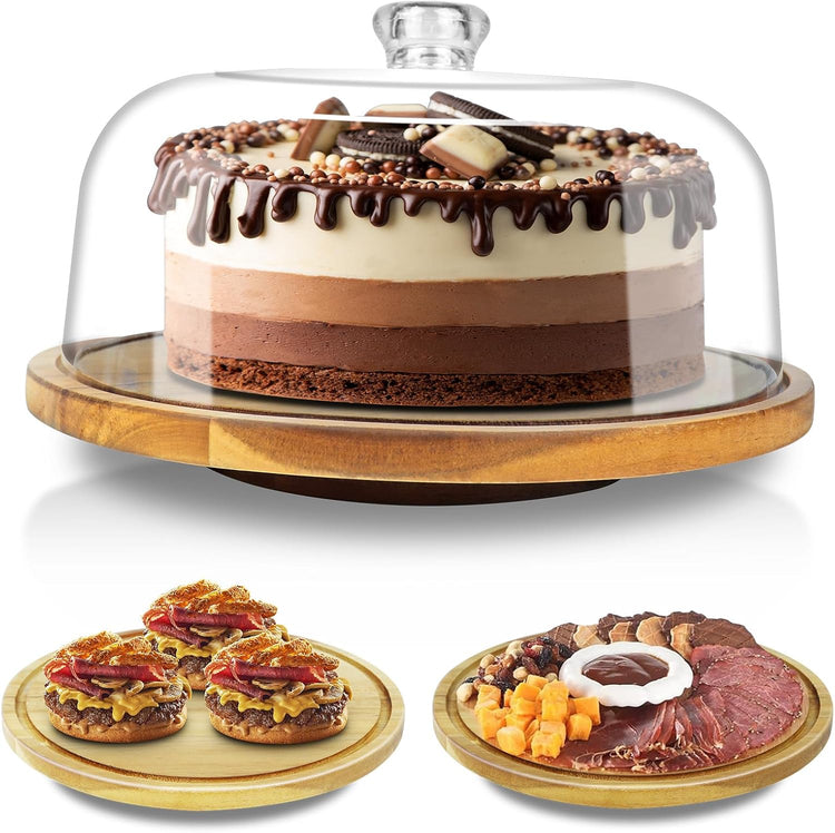 cutesun Wood Cake Stand with Lid, 12in Acacia Wood Cake Plate with Cover, Wooden Cake Display Stand with Acrylic Dome, Cake Holder Tray for Wedding Gift，Kitchen,Birthday,Parties,Baking Gifts