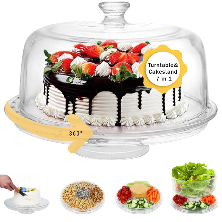 7in1 Rotating Multifunctional Acrylic Cake Stand with Lid & Cake Turntable