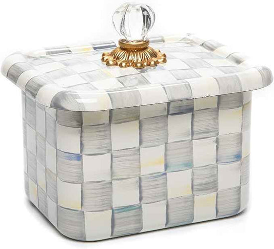 MACKENZIE-CHILDS Enamel Recipe Box, Index Card Box with Lid, Includes 40 Recipe Cards, Gray-and-White Sterling Check