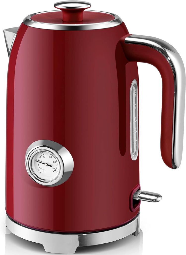 SUSTEAS Electric Kettle - 57oz Hot Tea Water Boiler with Thermometer, 1500W Fast Heating Stainless Steel Pot, Cordless LED Indicator, Auto Shut-Off & Boil Dry Protection, Red