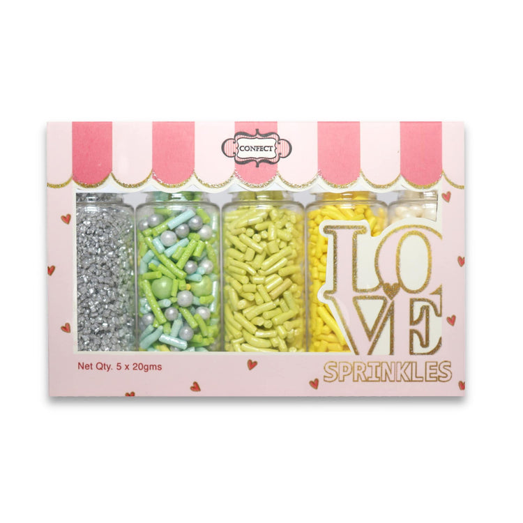 Edible Sprinkles for Cakes & Cupcakes Decoration Assorted pack of 5 Summer Fun Sprinkles Mix White Dragees Green Yellow Blue Jimmies Silver Sparkling Sugar (5 Ounce)