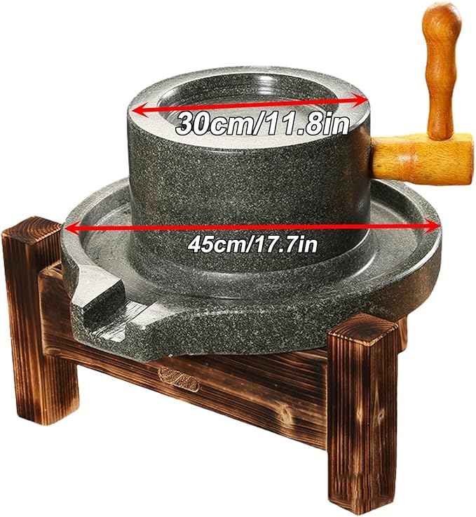 Handmade Stone Mill Grinder with Wooden Stand - Easy to Clean, Perfect for Grinding Wheat, Rice, Almonds - 30cm Tradital Kitchen Tool for Cooking and ing