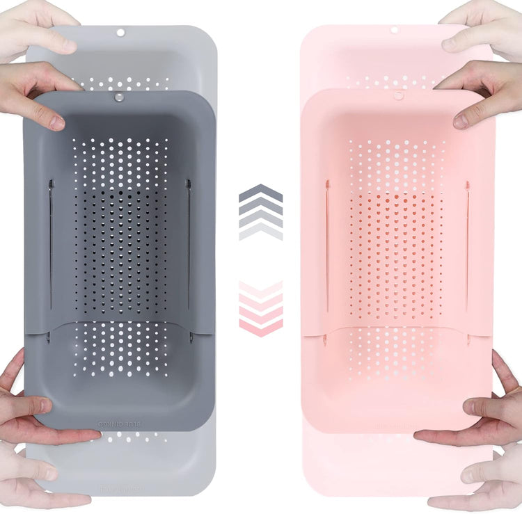 BLUE GINKGO Sink Colander Baskets - (Pack of 2) Wash Vegetables and Fruits, Drain Cooked Pasta and Dry Dishes - Extendable - New Home Kitchen Essentials (Grey & Pink)