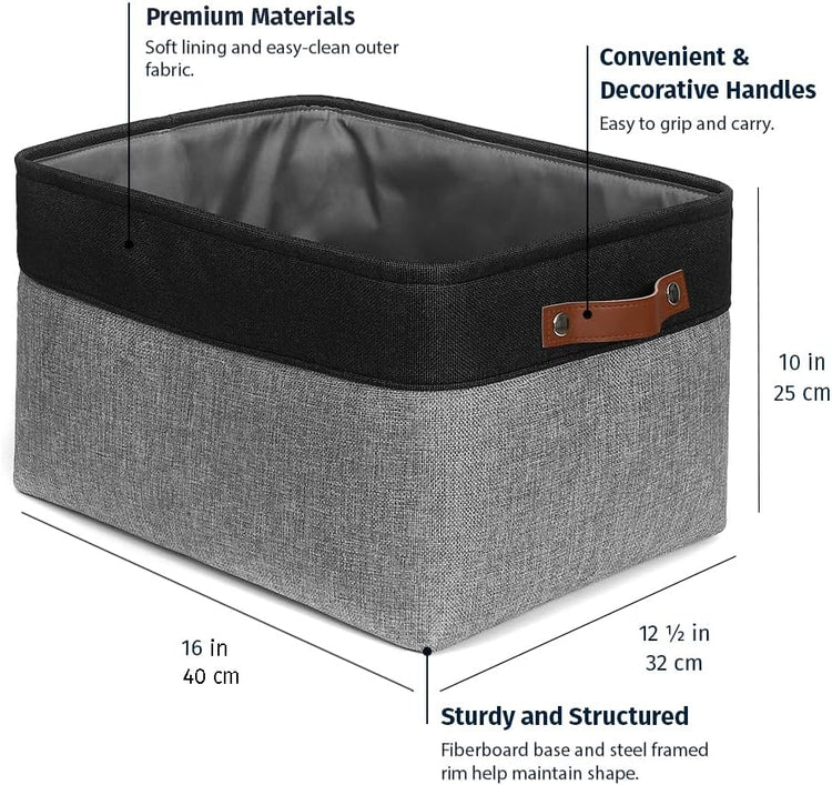 OrganiHaus Extra Large Fabric Storage Bins for Shelves 16x13in, Closet Storage Baskets for Shelf Organizing, Canvas Rectangle Bins for Organization, Linnen Baskets for Organizing - Gray/Black