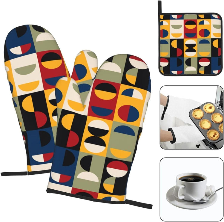 Retro Mid Century Modern Oven Mitts and Pot Holders Set Vintage Decorative Heat Resistant Microwave Oven Gloves for BBQ Baking Grilling Cooks Kitchen Decor 3 Piece