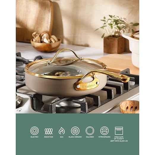 Bloomhouse - Two Time Oprah's Favorite Things Winner - 10 Inch Heavy Duty Aluminum Premium PFA Free Ceramic Nonstick Saute/Deep Frying Pan Skillet with Lid - Cappuccino Cream with Gold Handle