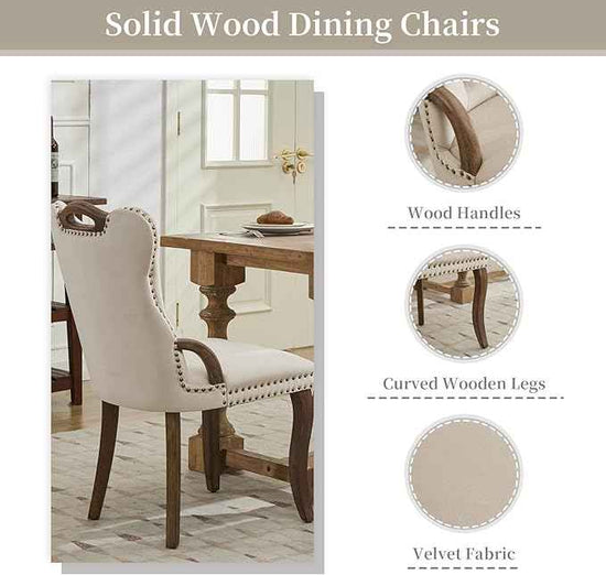 Beige Velvet Dining Chairs Set of 2，Modern Upholstered Dining Room Chairs with Tufted Back and Wood Handles, Curved Solid Wood Legs, Sillas de Comedor