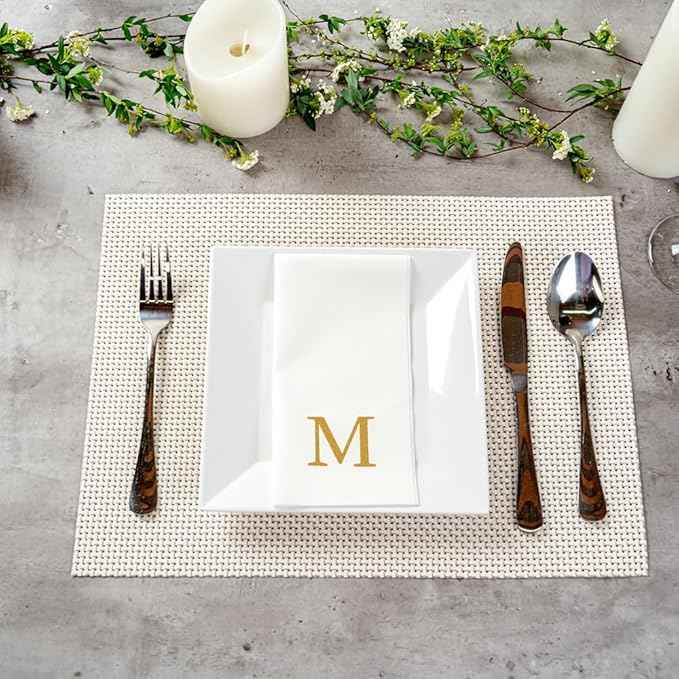 Luxenap 15.8 X 7.9 Inch Linen-Feel Guest Towels, 2000 Lettered Hand Towels - Gold Letter 'M', Sans Serif Font, White Paper Dinner Napkins, airlaid, For Restrooms And Tables