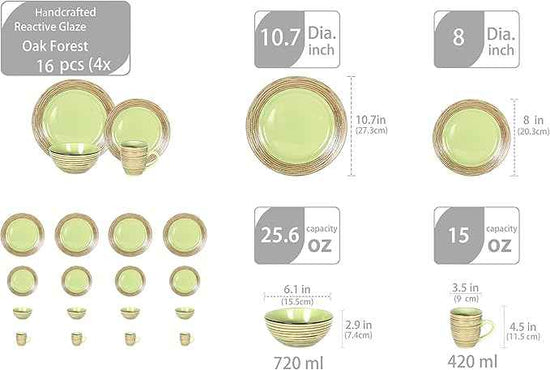 16 Piece Dinnerware Set, Ceramic Plates and Bowls Sets for 4, Microwave and Dishwasher Safe, Handcrafted Tree Bark Series Dish Set, Oak Forest/Dark Green