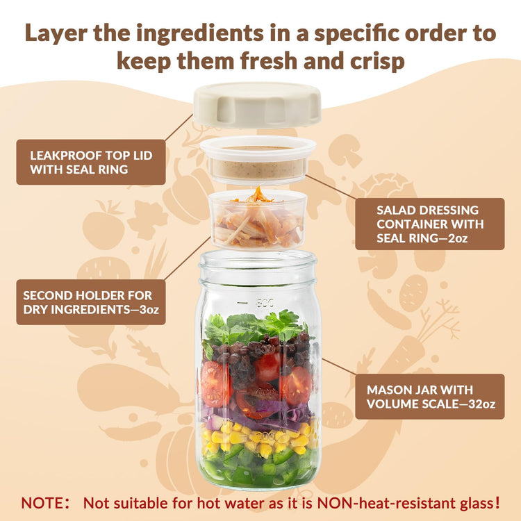 4 Pack Glass Salad Jars with Lids Meal Prep (4 Count)