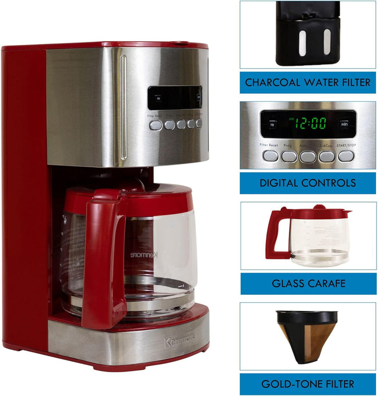 Kenmore Drip Coffee Maker - 12 Cup Programmable Cafe Machine With Glass Pot, Regular & Bold Brew, Auto Shut Off Large Water Reservoir, Reusable Filter, Kitchen Appliances For Cafeteria Barista, Red