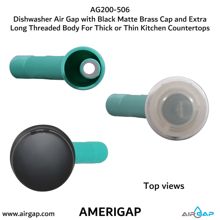 Dishwasher Air Gap with Skirted Black Matte Brass Cap and Extra Long Threaded Body for Thick or Thin Kitchen Countertops