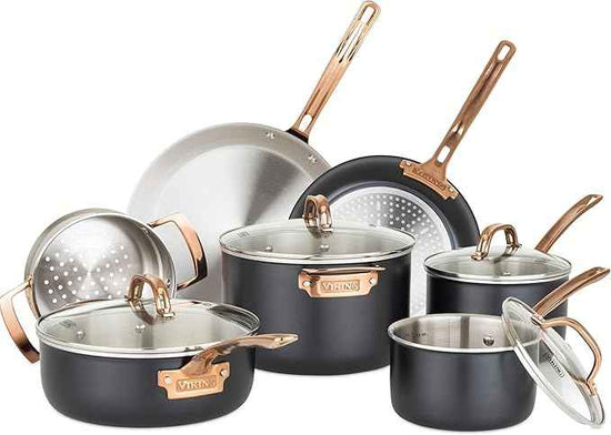 Viking 3 Ply Pots and Pans Set, 11 Piece Stainless Steel Kitchen Cookware with Glass Lids, Black with Copper