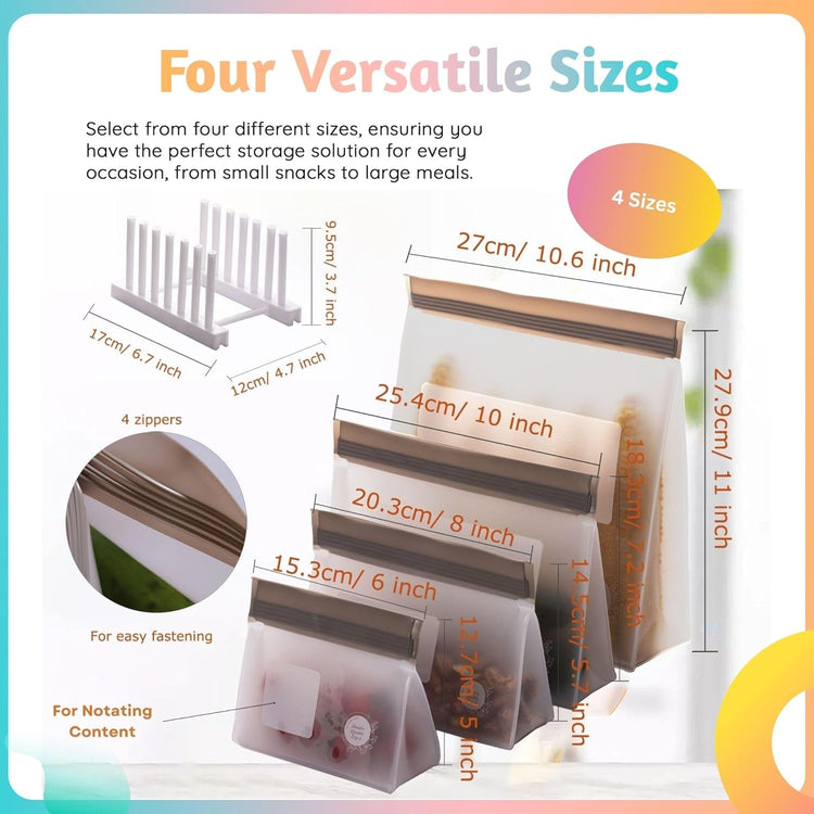 Reusable Silicone Food Storage Bags – 10-Pack Stand-Up, BPA-Free, Freezer, Dishwasher Safe, & Eco-Friendly – 5 L, 5 M Bags – Airtight Leakproof Sandwich, Snack, Travel & Make-Up baggies (Grey)