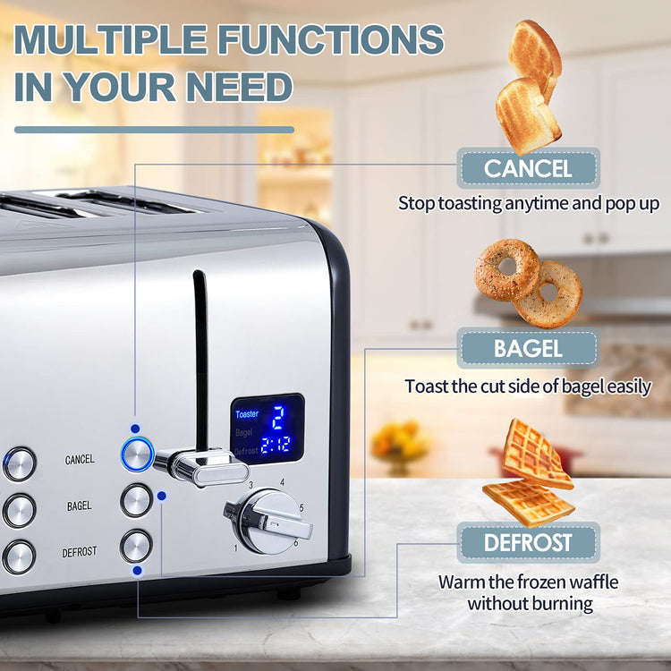 4 Slice Stainless Steel Toaster with Digital Display