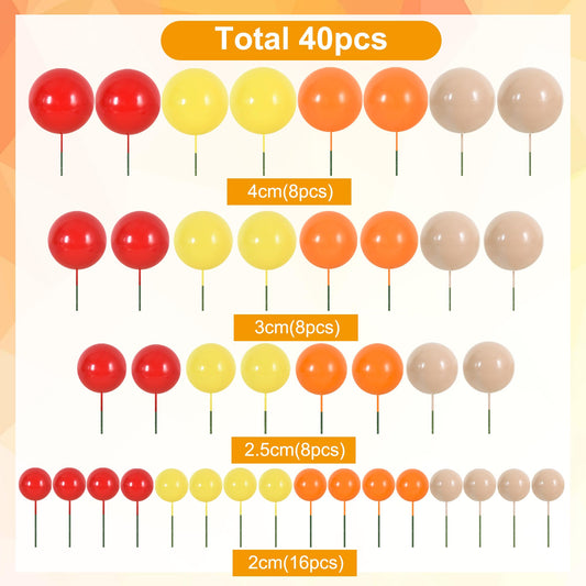 40 Pcs Ball Cake Toppers Mini Balls Cake Decorations Sticks Foam Balls DIY Cake Topper Insert Balls for Fall Autumn Harvest Thanksgiving Birthday Baby Shower Cake Decorations (40 Count)
