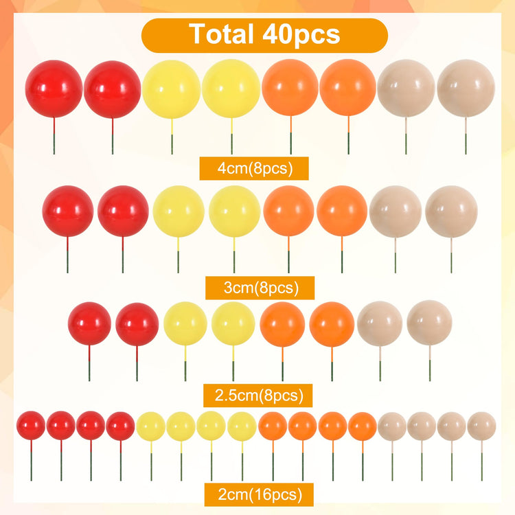 40 Pcs Ball Cake Toppers Mini Balls Cake Decorations Sticks Foam Balls DIY Cake Topper Insert Balls for Fall Autumn Harvest Thanksgiving Birthday Baby Shower Cake Decorations (40 Count)