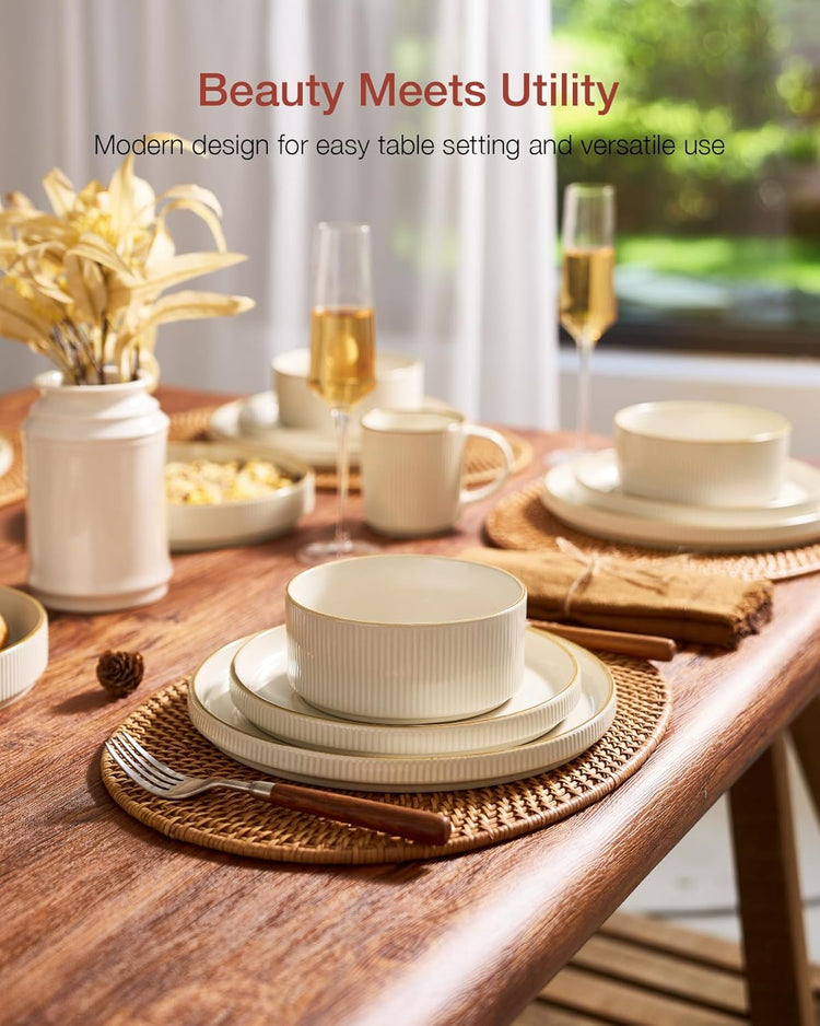 Famiware Star Dinnerware Set, Plates and Bowls Sets for 4 (12pcs), Ribbed Stoneware Dishes - Chip & Scratch Resistant, Microwave & Dishwasher Safe Tableware, Vanilla White